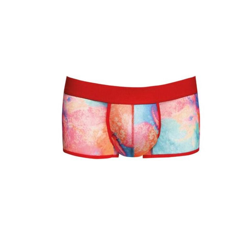 Boxer homme imprime tie-dye Anais a plat de face, degrade pastel rose et bleu, ceinture rouge contrastee, coupe moulante maille douce et legere.