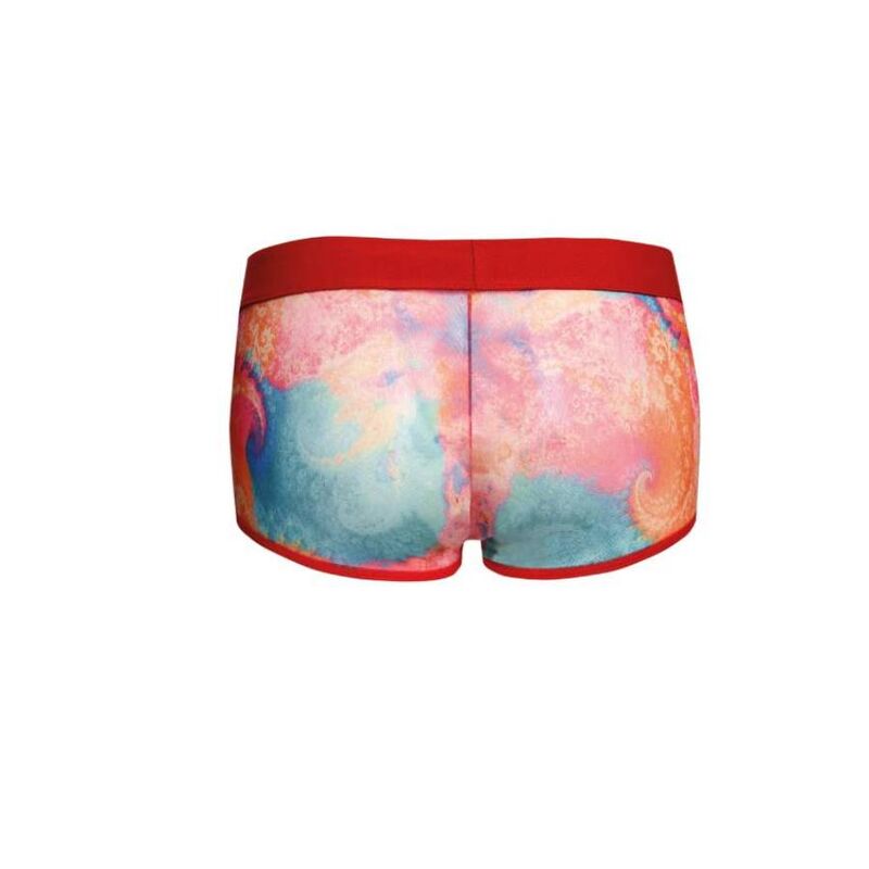 Boxer homme tie-dye vue arriere a plat, degrade colore rose orange et bleu, ceinture rouge vif Anais, coupe moulante en maille stretch douce.