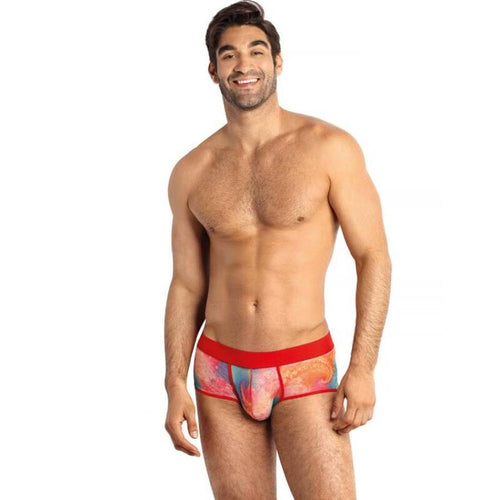 Boxer homme Falcon imprime aquarelle porte par un homme au torse nu, vue de face, degrade bleu rose orange et ceinture rouge contrastante, lycra doux extensible coupe ajustee