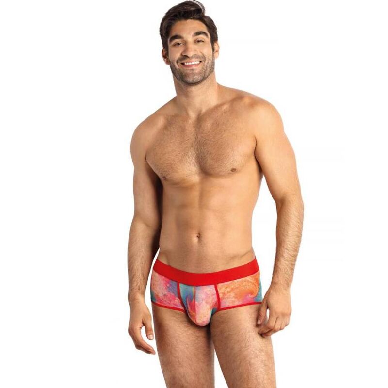 Boxer homme Falcon aquarelle porte par un homme souriant au torse nu, vue de face, imprime degrade bleu rose orange et ceinture rouge, lycra doux extensible coupe sportive ajustee