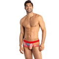 Boxer homme Falcon aquarelle porte par un homme souriant au torse nu, vue de face, imprime degrade bleu rose orange et ceinture rouge, lycra doux extensible coupe sportive ajustee