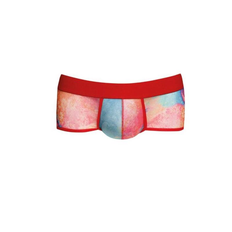 Boxer homme Falcon Anais a plat de face sur fond blanc, imprime aquarelle degrade bleu rose orange, ceinture rouge vif, lycra doux extensible coupe sportive, presente seul sans corps