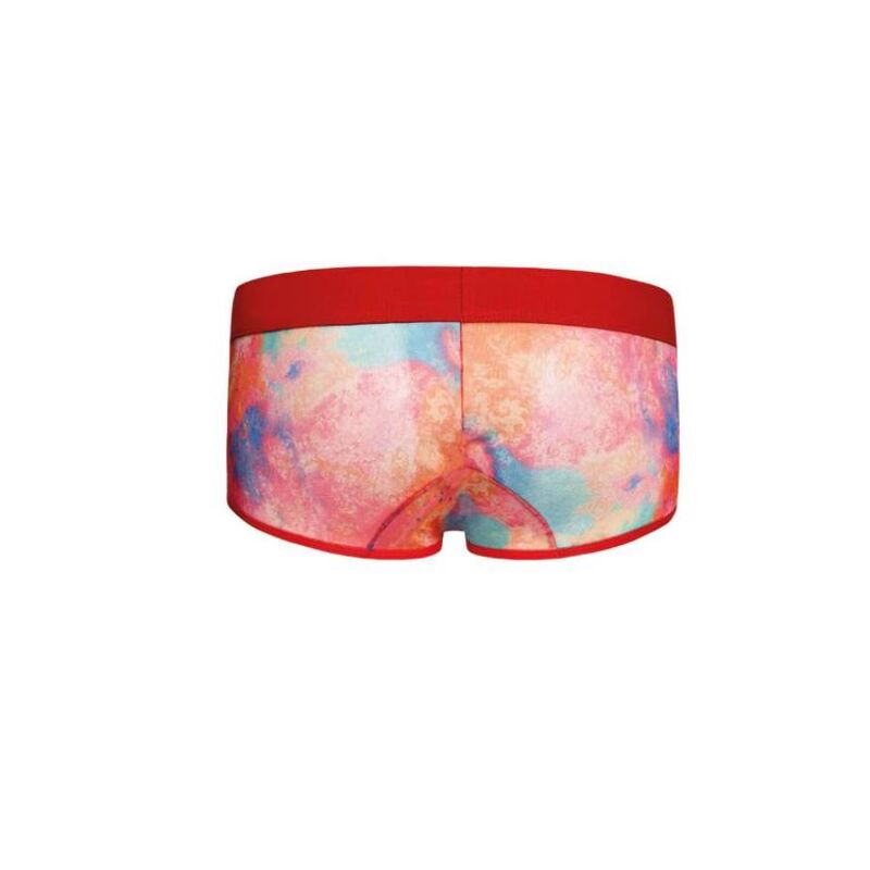 Boxer homme Falcon Anais vu a plat de dos, imprime aquarelle degrade pastel chaud, ceinture rouge vif contrastante, lycra extensible epousant les fesses, presente seul sans modele visible