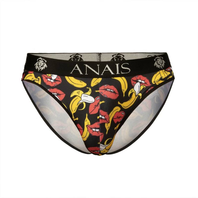 Slip homme banane Anais a plat, vue de face imprime bananes et bouches rouges sur fond noir, ceinture logotee et coupe ajustee maille douce.