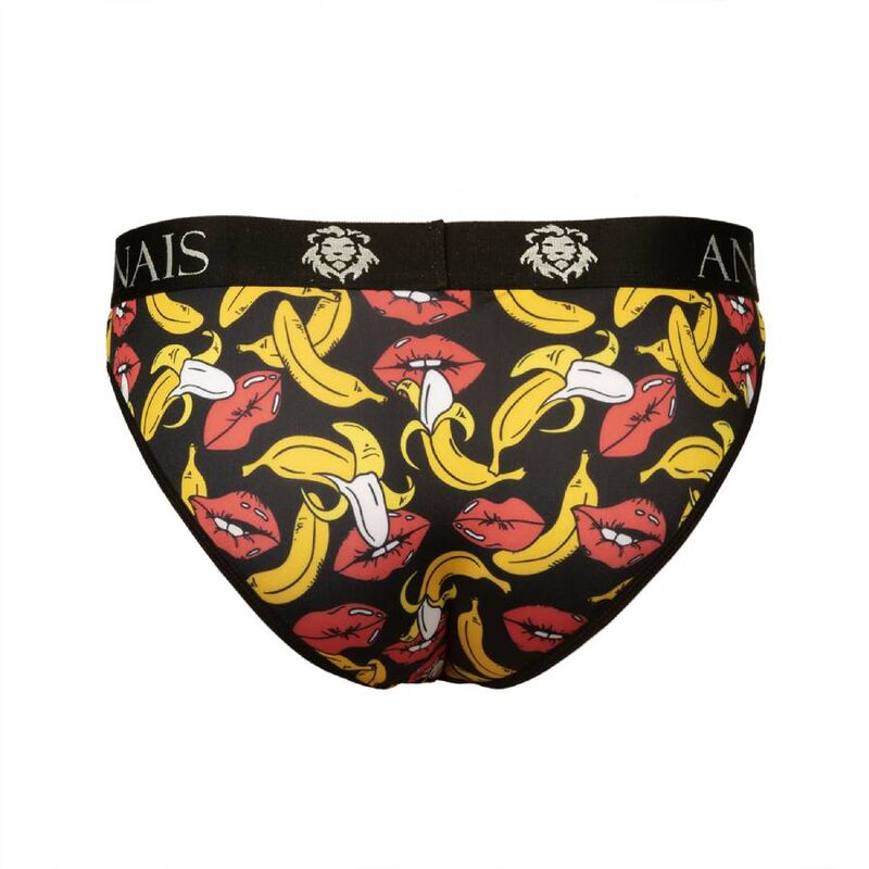Slip homme imprime banane vue arriere a plat, bananes et levres rouges sur maille noire, coupe ajustee Anais ceinture large logotee extensible.