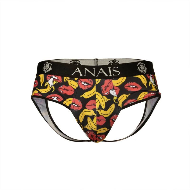 Jockstrap homme bananes et bouches presente seul de face, pochette galbante avant, lycra doux, ceinture Anais, imprime ludique jaune et rouge.