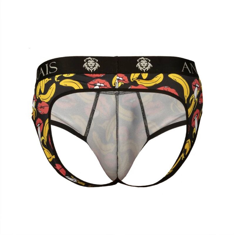 Jockstrap bananes et bouches vu de face sans modele, decoupe fesses ouvertes, lycra extensible, ceinture large Anais, motif coquin colore.