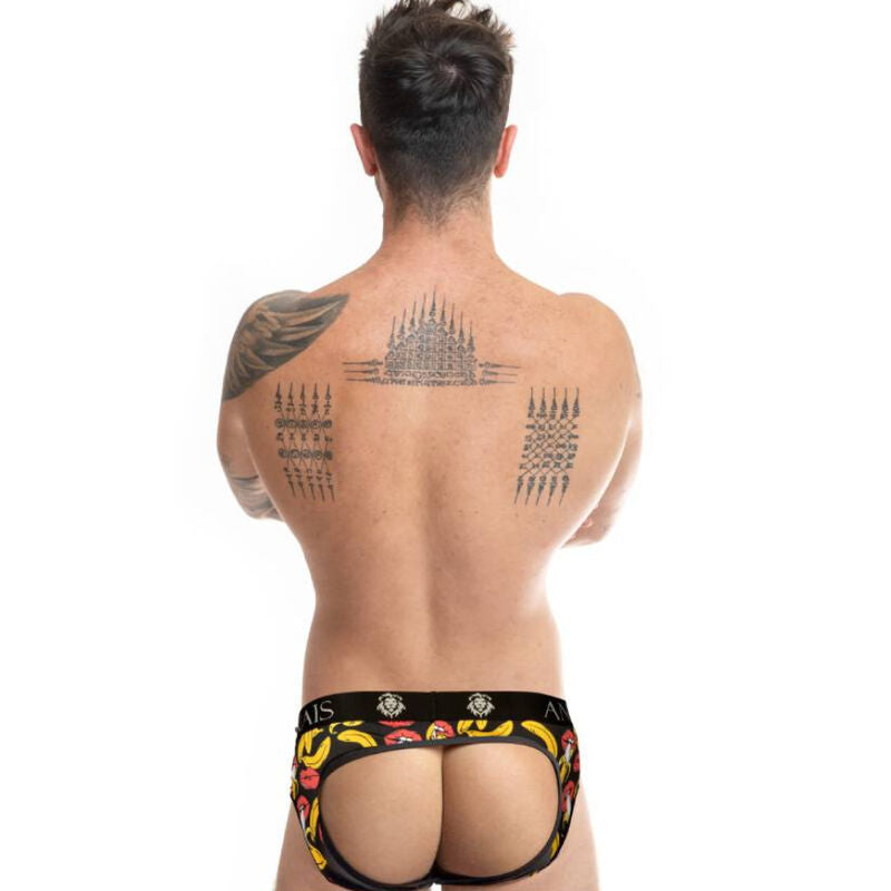 Jockstrap bananes et bouches porte de dos sur corps nu, fesses ouvertes, lycra doux, ceinture Anais, motif ludique colore et coupe audacieuse.