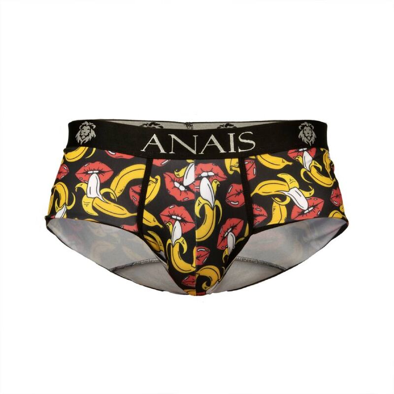 Boxer homme Banana Anais a plat, imprime bananes colore sur fond noir, ceinture large logotee, maille lycra stretch extensible, vue de face du vetement seul.