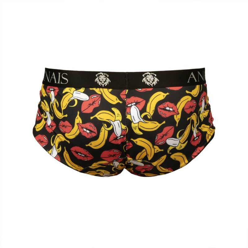 Boxer homme Banana vue arriere a plat, imprime bananes vif sur tulle noir, coupe sportive Anais, ceinture elastique logotee et maille douce extensible.