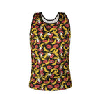 Debardeur homme bananes Anais presente a plat de face, imprime fruite jaune et rose sur fond noir, maille lycra sans manches, coupe moulante estivale.