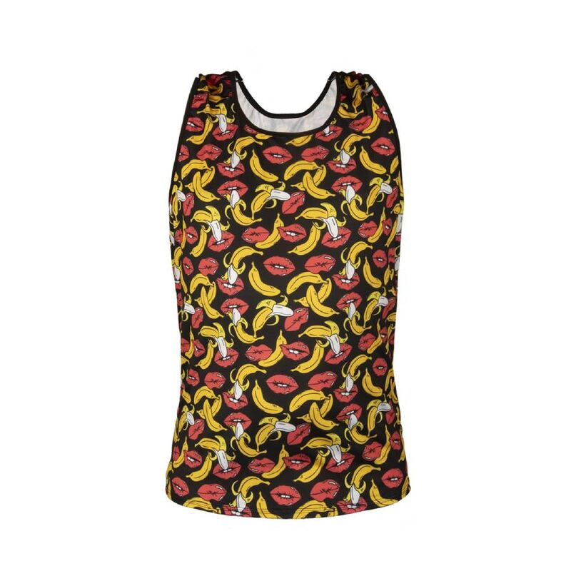 Debardeur homme bananes Anais a plat de face, maille lycra sans manches imprime jaune et rouge sur fond noir, encolure ronde et coupe moulante.