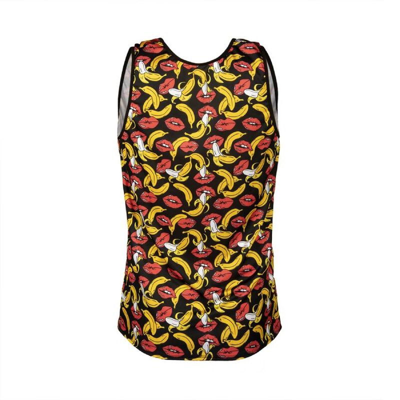 Debardeur homme bananes vue dos a plat, imprime fruite colore sur maille noire stretch, coupe sans manches Anais qui degage les epaules.