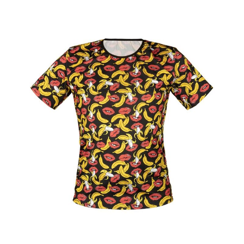 T-shirt homme bananes Anais a plat, vue de face maille lycra imprime jaune et rouge, manches courtes encolure ronde et coupe moulante extensible.