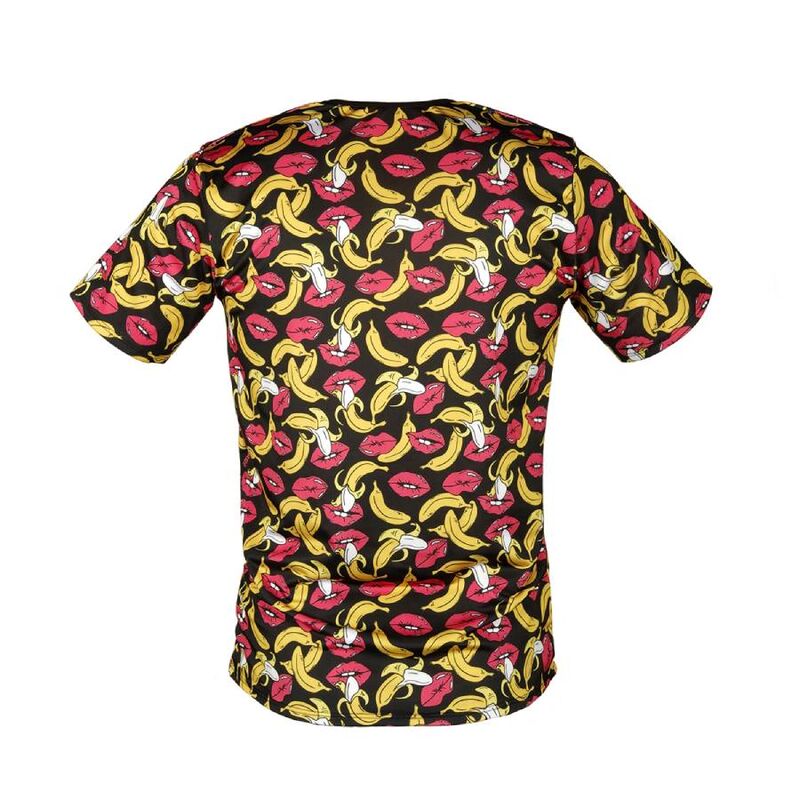 T-shirt homme bananes vue dos a plat, maille colore Anais imprime fruite sur fond noir, manches courtes coupe ajustee et matiere stretch.