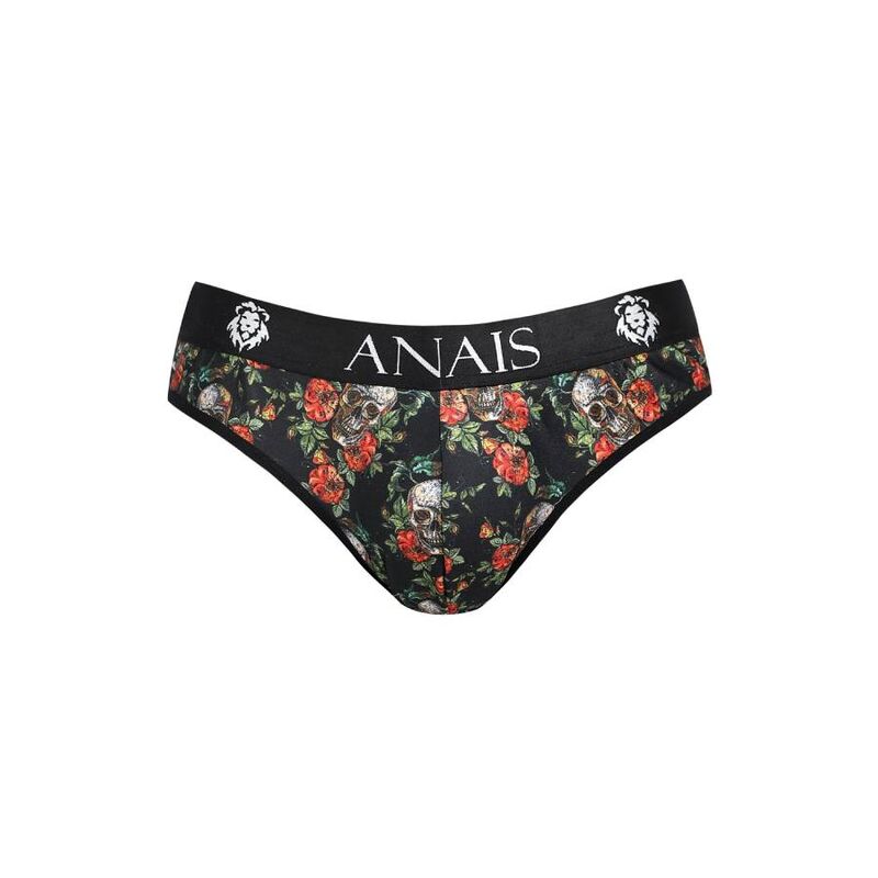 Slip homme Power en modal a imprime roses et tetes de mort, vue de face a plat, fond noir floral macabre et large ceinture logo Anais douce et extensible.