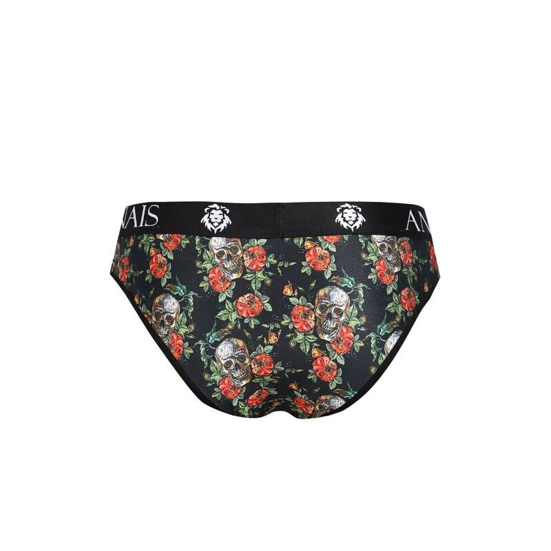 Slip homme Power Anais a imprime roses et cranes, presente a plat de trois quarts dos, motif floral macabre et large bande de taille elastique modale.