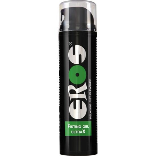 Flacon noir Eros UltraX gel de fisting avec pompe, etiquette verte, lubrifiant relaxant melant silicone et eau pour des jeux anaux confortables