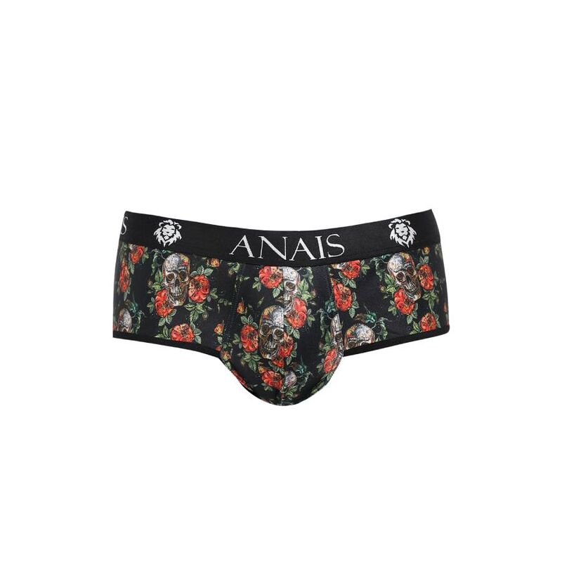 Jockstrap homme Power en modal a imprime roses et tetes de mort, vue de trois quarts a plat, pochette galbante et large ceinture logo Anais fond floral.