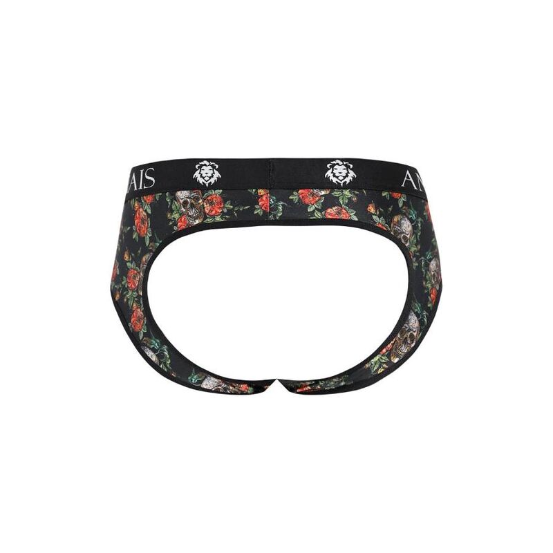 Jockstrap homme Power Anais roses et cranes vu a plat de dos, ouverture fesses decoupee, imprime floral macabre sur fond noir et bande de taille elastique.