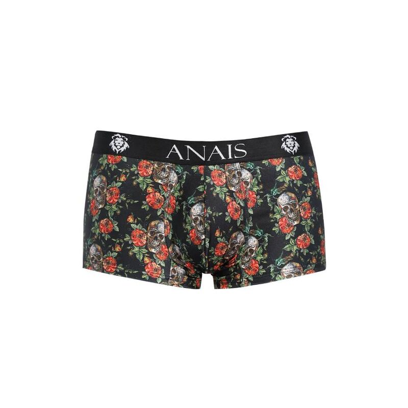 Boxer court homme roses et tetes de mort en maille modale, vue de trois quarts a plat, imprime floral macabre fond noir et large ceinture logo Anais douce.