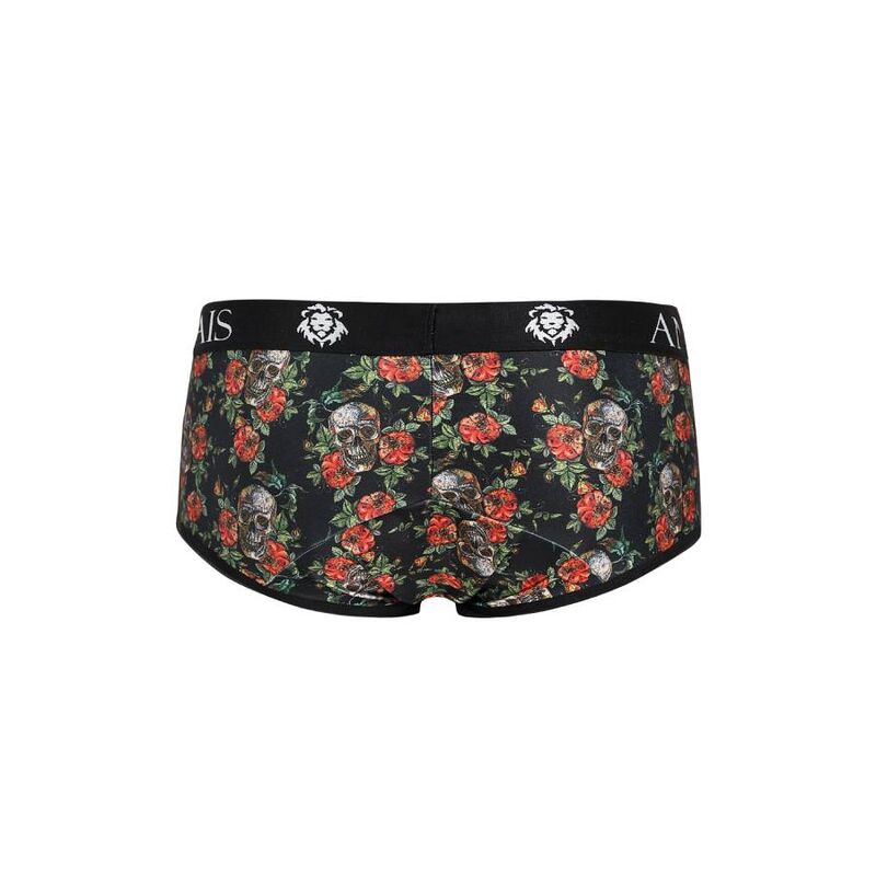 Slip homme roses et tetes de mort vu de dos a plat, coupe sportive jambes courtes, maille polyamide elasthanne douce et extensible, motif fleuri sur fond sombre Anais.