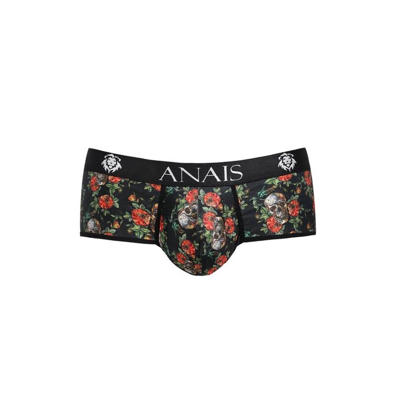 Slip homme imprime roses et tetes de mort vu de face a plat, pochette galbante, ceinture large Anais, maille polyamide elasthanne douce extensible sur fond sombre fleuri.