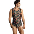 Debardeur homme Power roses et tetes de mort porte de face avec slip assorti par un modele, modal doux sans manches, coupe ajustee Anais, ambiance lingerie masculine.
