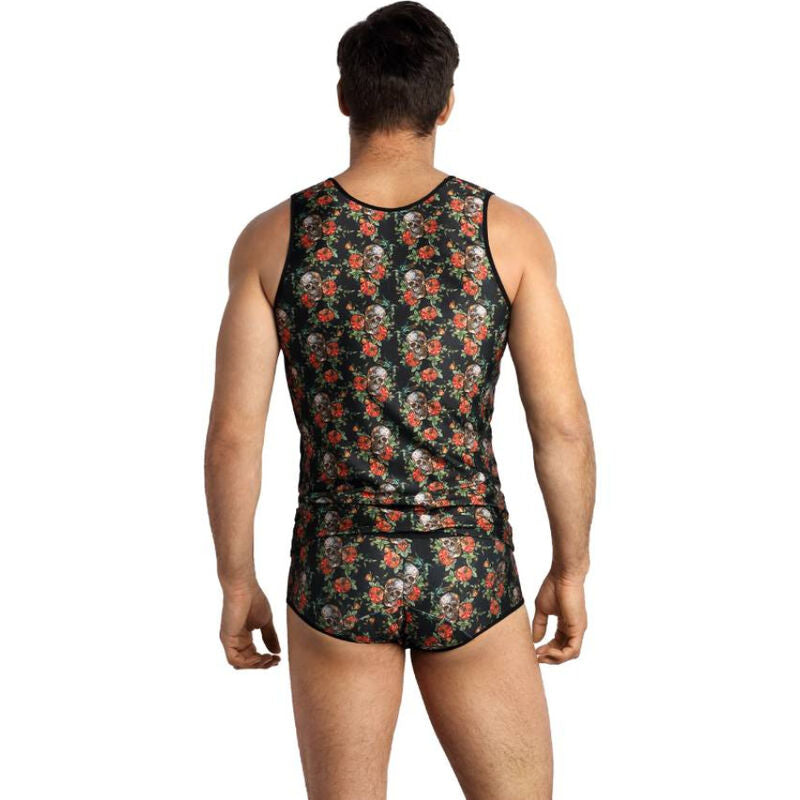 Debardeur homme roses et tetes de mort porte de dos avec slip assorti, modal doux sans manches, coupe ajustee Anais degageant le dos, vue arriere lingerie masculine.