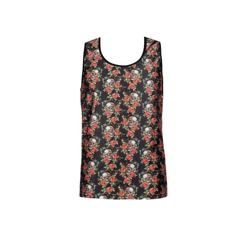 Debardeur homme roses et tetes de mort vu de face a plat, modal doux sans manches, encolure ronde, coupe ajustee pres du corps, imprime floral sombre Anais.