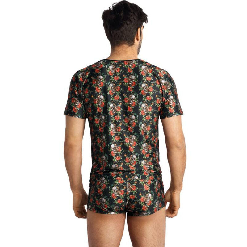 T-shirt homme roses et cranes porte de trois quarts avec slip assorti, modal stretch manches courtes, coupe ajustee Anais epousant la silhouette masculine.