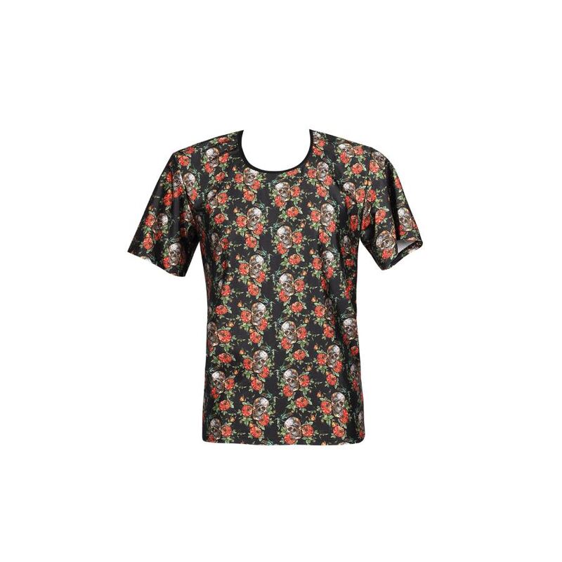 T-shirt homme Power roses et cranes vu de face a plat, modal doux manches courtes, encolure ronde, coupe moulante, motif fleuri et cranes sombre Anais.
