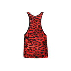 Debardeur homme Sauvage leopard rouge vu de dos a plat, dos nageur racerback, microfibre sans manches, coupe ajustee Anais a imprime animal expressif rouge.