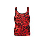 Debardeur homme Sauvage microfibre rouge leopard vu de face a plat, encolure ronde, sans manches, coupe ajustee pres du corps, imprime animal expressif rouge Anais.