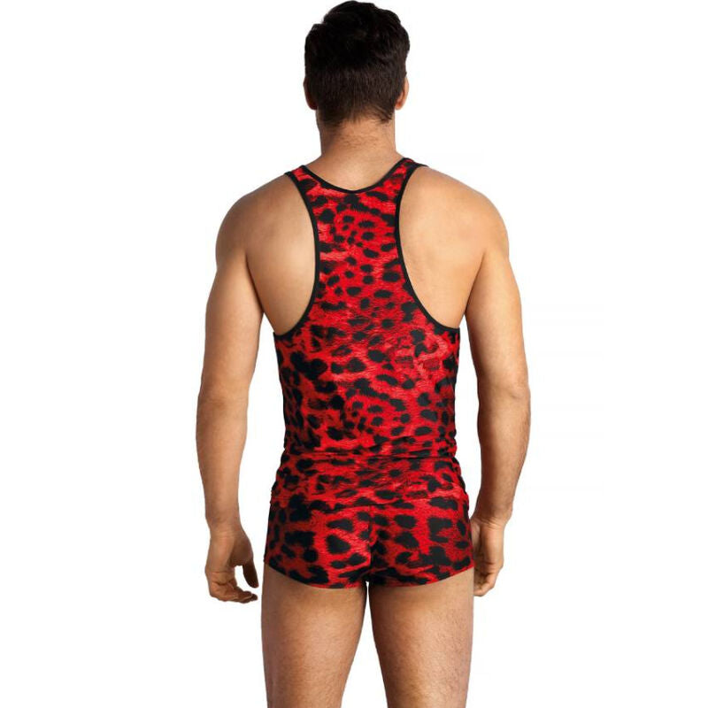 Debardeur homme Sauvage leopard rouge porte de dos avec boxer assorti, microfibre dos nageur sans manches, coupe ajustee Anais degageant le dos, vue arriere.