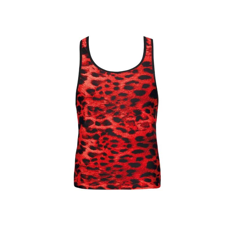 Debardeur homme Sauvage microfibre rouge leopard vu de face a plat, encolure ronde, sans manches, coupe ajustee pres du corps, imprime animal expressif Anais.