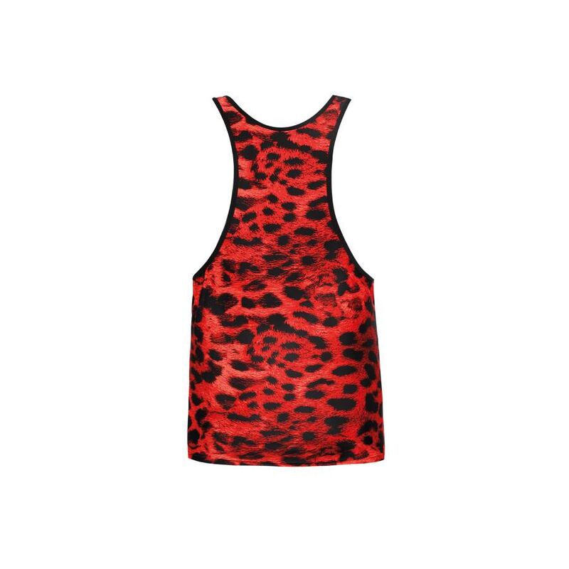 Debardeur homme Sauvage leopard rouge vu de dos a plat, dos nageur racerback, microfibre sans manches, coupe ajustee Anais a imprime animalier rouge vif.