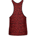 Debardeur Tribal leopard rouge vu de dos sans modele, microfibre extensible, dos racerback echancre, imprime animalier rouge et noir.