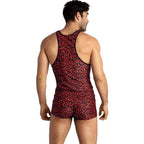 Debardeur Tribal leopard rouge vu de profil sur corps, microfibre douce extensible, emmanchures larges, coupe ajustee animale et sensuelle.