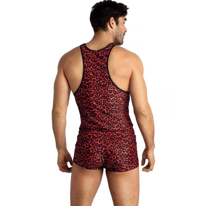 Ensemble debardeur boxer leopard Tribal porte de dos, microfibre rouge extensible, dos echancre, imprime animalier vif et coupe ajustee.