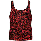 Debardeur Tribal leopard rouge vu de dos sans modele, microfibre extensible, dos racerback, motif animalier expressif rouge et noir Anais.