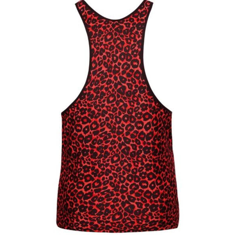 Debardeur homme Tribal leopard rouge presente seul de dos, microfibre douce, decoupe nageur echancree, imprime animalier rouge intense.