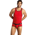 Debardeur homme microfibre rouge bordure noire porte de face avec jockstrap assorti par un modele, dos nageur sans manches, coupe ajustee Anais valorisant le buste.