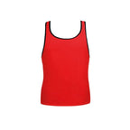 Debardeur homme microfibre rouge a bordure noire vu de face a plat, encolure ronde, sans manches, coupe ajustee pres du corps, finition contrastee elegante Anais.