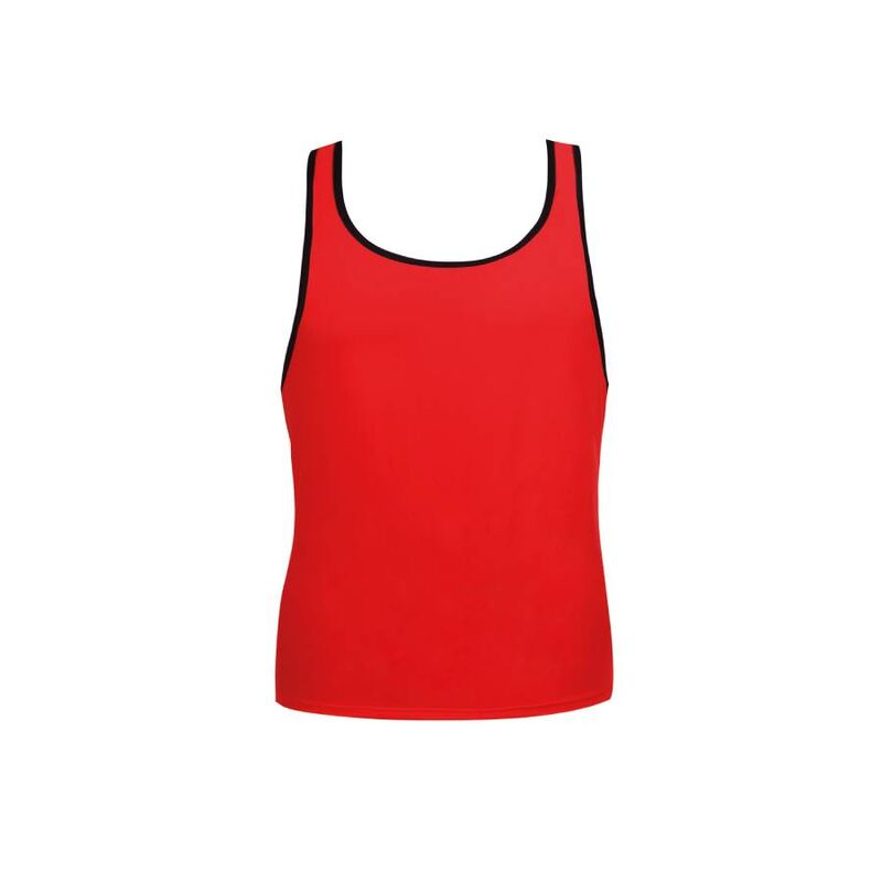 Debardeur homme microfibre rouge a bordure noire vu de face a plat, encolure ronde, sans manches, coupe ajustee pres du corps, finition contrastee elegante Anais.