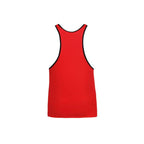 Debardeur homme microfibre rouge bordure noire vu de dos a plat, dos nageur racerback echancre, sans manches, coupe ajustee Anais, finition contrastee soignee.