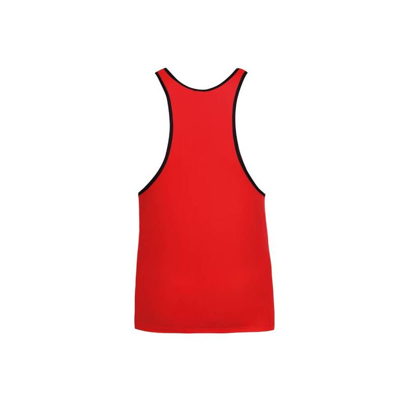Debardeur homme microfibre rouge bordure noire vu de dos a plat, dos nageur racerback echancre, sans manches, coupe ajustee Anais, finition contrastee soignee.