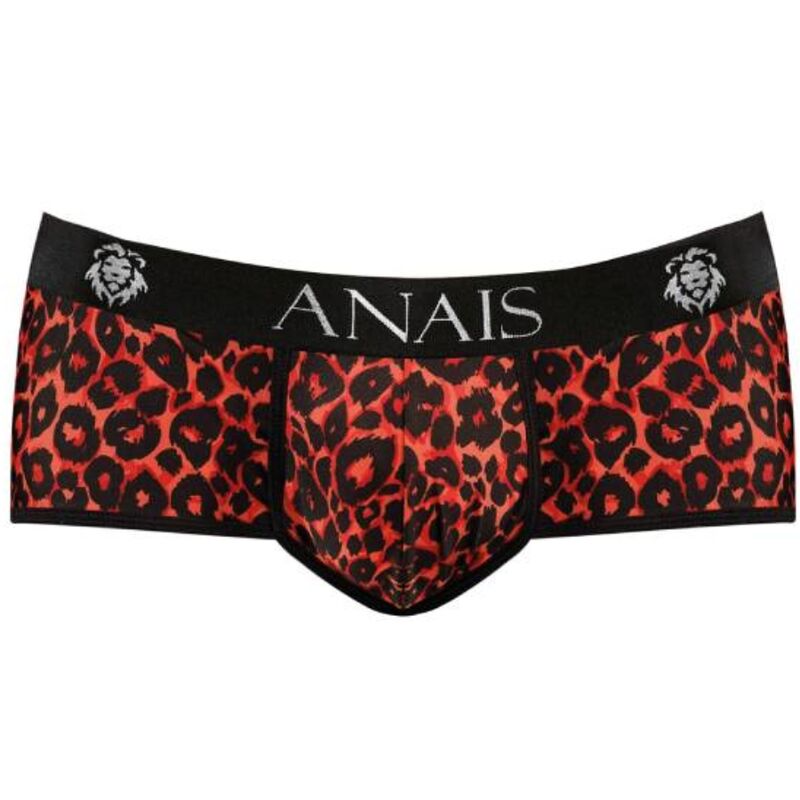 Boxer homme leopard rouge presente seul de face, microfibre douce moulante, motif animalier expressif rouge et noir, ceinture noire Anais.