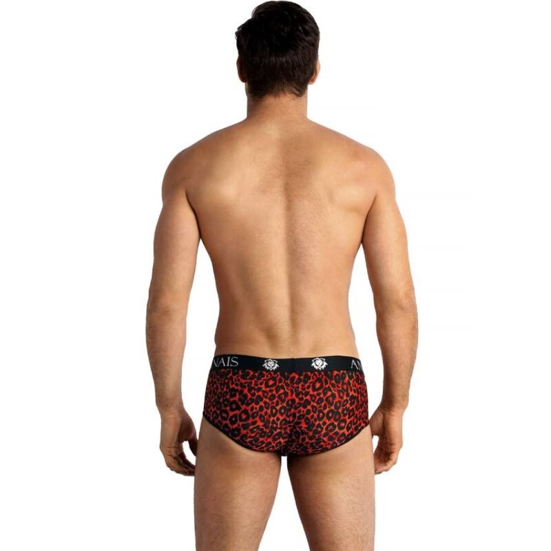 Slip leopard rouge vu de dos sur mannequin, microfibre douce opaque, coupe ajustee, imprime animalier expressif et ceinture large Anais.
