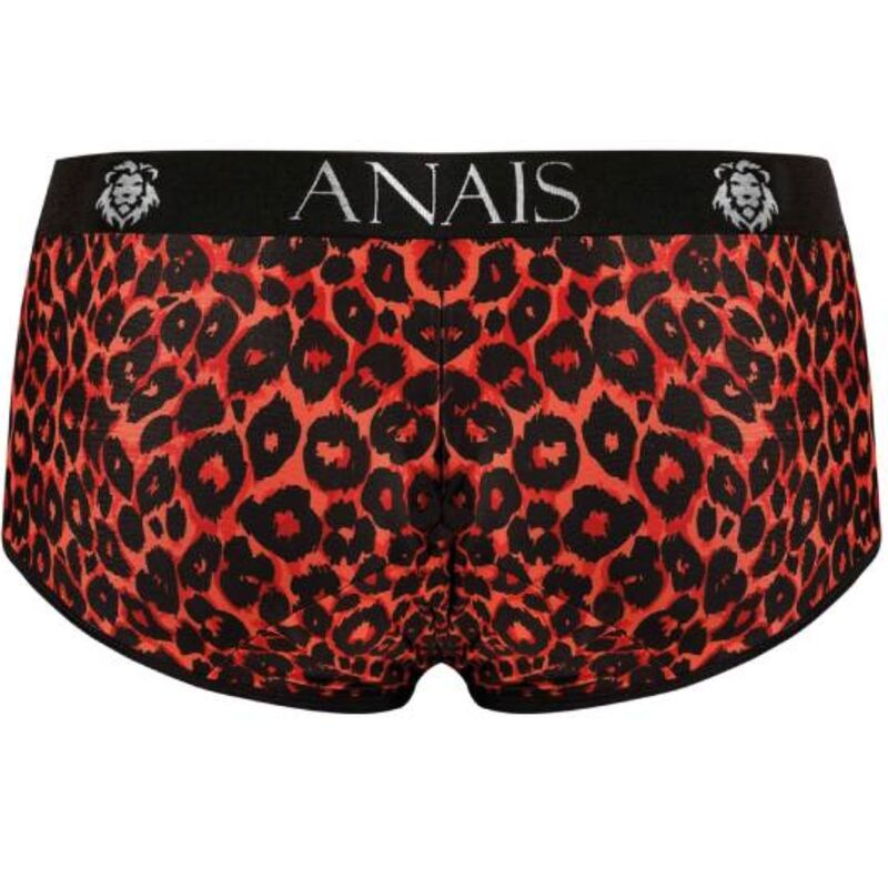 Boxer leopard rouge Soul vu de face sans modele en gros plan, microfibre extensible, imprime animalier vif, ceinture large signee Anais.